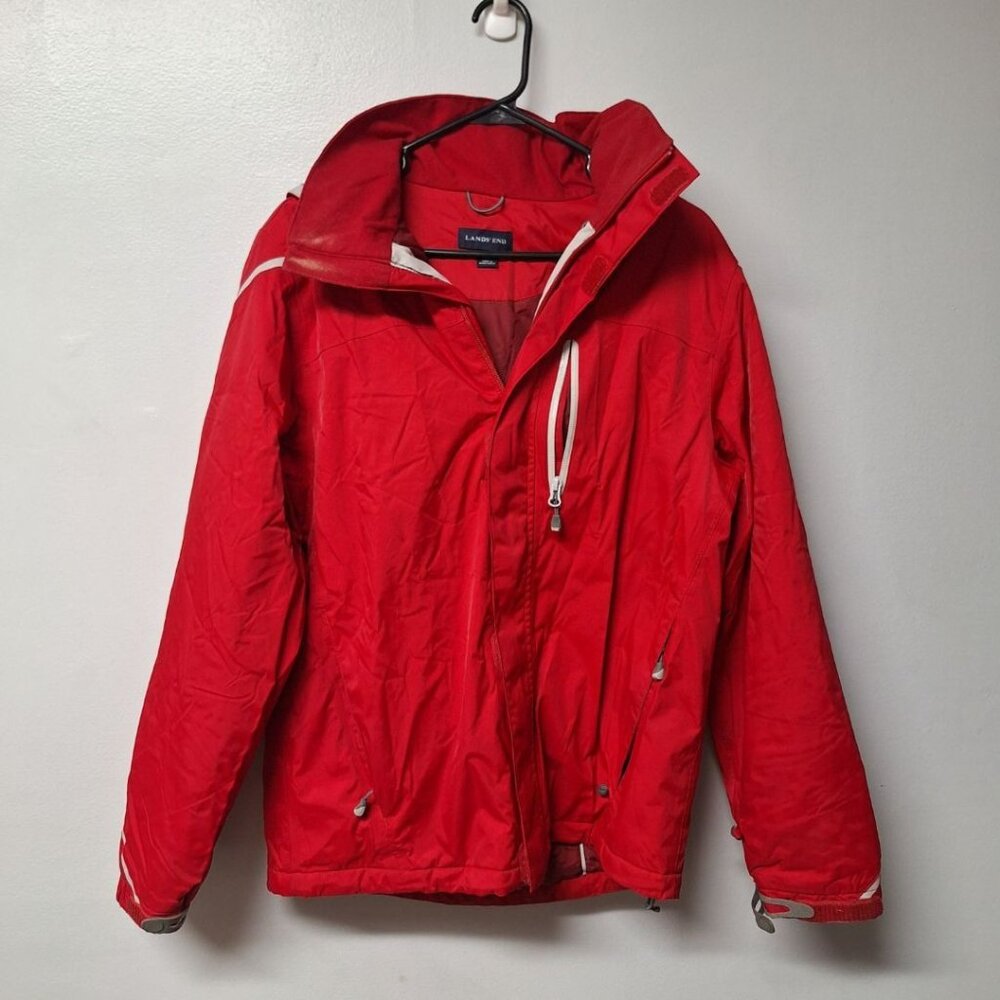Lands End Winter Jacket Coat Red Hood Zip Pockets Lined‎ Warm Womens Small